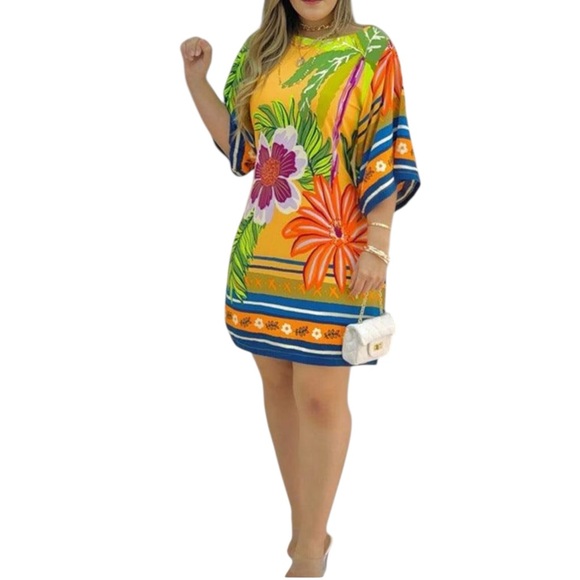 ChicMe XL Floral Palm Tree Print Dress Yellow Multicolor Boho Tunic Kaftan - Picture 1 of 14